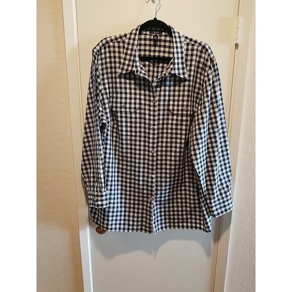Womens Plus Chaps Blouse Shirt Size 3X Black White Plaid Cotton L/Sleeve - Picture 2 of 11
